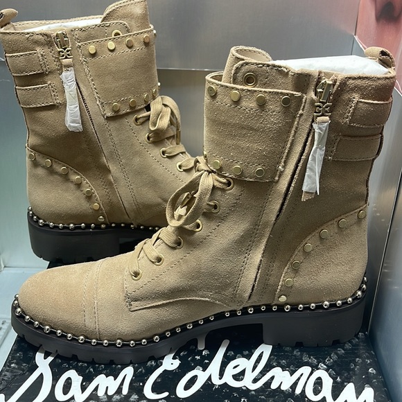 BNIB Sam Edelman Jennifer Studded Combat Suede Boots Tan 9M - Picture 5 of 13